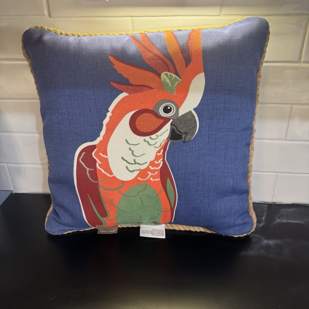 Parrot Outdoor Pillow by‎ Allen & Roth 16x16 Blue with Rope Trim Tropical Bird
